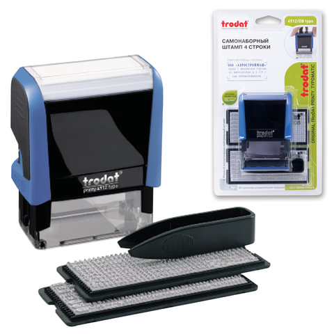 Штамп самонаборный 4-строчный, размер оттиска 47х18 мм, синий без рамки, TRODAT 4912P4/DB, КАССЫ В КОМПЛЕКТЕ, 4912/DB/ 230962