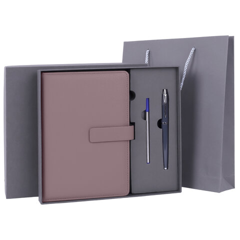 Ежедневник в подарочном наборе 5 в 1, А5, 145x212 мм, BRAUBERG &quot;President&quot;, под кожу, 160 листов, серый, 116854