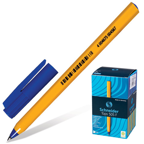Ручка шариковая SCHNEIDER (Германия) &quot;Tops 505 F&quot;, корпус желтый, узел 0,8 мм, линия 0,4 мм, синяя, 150503, 255650/141216