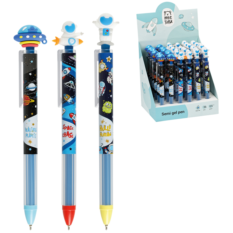 Ручка шариковая автоматическая MESHU &quot;Space Aliens&quot; синяя, 0,5мм, грип, корпус ассорти, с топпером 315685 MS_61000