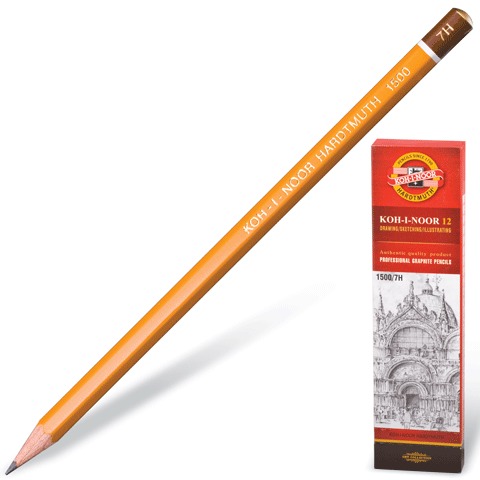 Карандаш ч/гр  7H, KOH-I-NOOR 1500, 1шт.,без резинки, корпус желтый, заточенный 180485