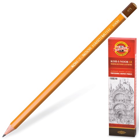 Карандаш ч/гр  4B, KOH-I-NOOR 1500, 1 шт.,без резинки, корпус желтый, заточенный, 150004B01170RU/180478
