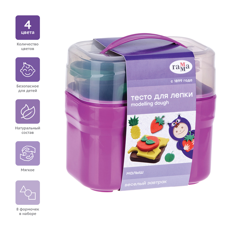 Тесто для лепки Гамма &quot;Малыш. Веселый завтрак&quot;, 04 цвета, 240г, 8 формочек, пластиковый кейс 302745 509199
