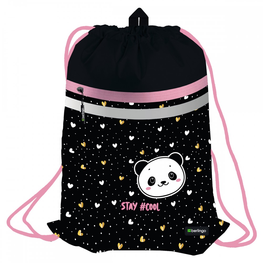 Мешок для обуви 1 отделение Berlingo &quot;Cool panda&quot;, 340*460мм, вентил  сеточка, светоотражающая лента, карман на молнии 367895/SB-EXPL-1012