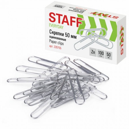 Скрепки большие 50 мм, STAFF оцинкованные, 100 шт., в картонной коробке, РОССИЯ, 226755