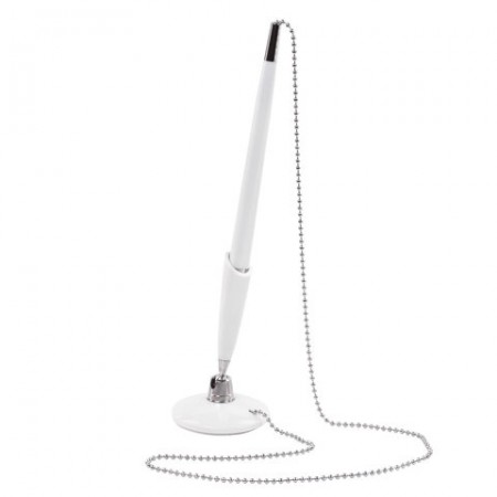 Ручка шариковая настольная BRAUBERG &quot;СТЕНД-ПЕН УАЙТ1&quot;, на цепочке, с клейким основанием, цвет корпуса белый, синяя, 141044