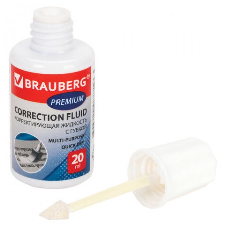 Корректирующая жидкость BRAUBERG &quot;Premium&quot; быстросохнущая, 20 мл, с губчатым аппликатором, 224090