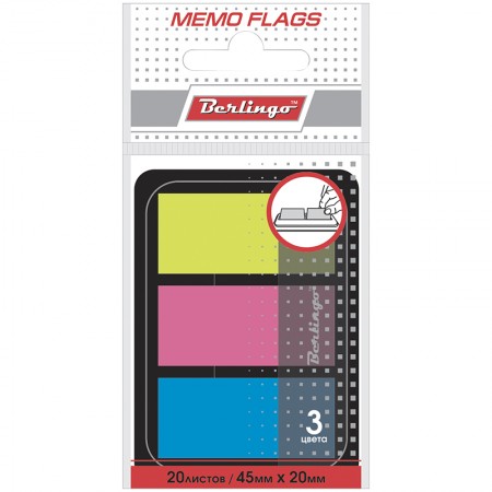 Флажки-закладки Berlingo, 45*20мм, 20л*3 неоновых цвета, в диспенсере, 155292