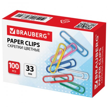 Скрепки 33 мм, цветные, 100 шт., в картонной коробке, 270444  BRAUBERG