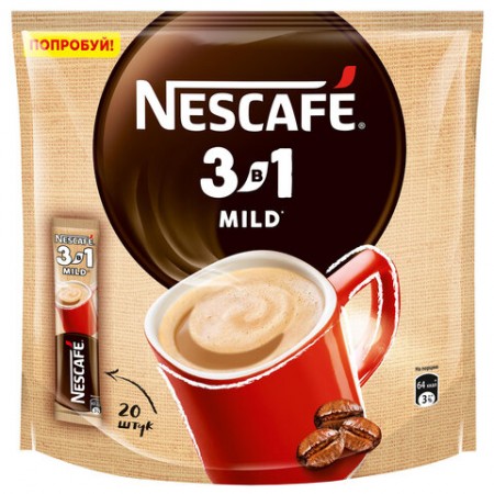Кофе растворимый порционный NESCAFE &quot;3 в 1 Мягкий&quot;, КОМПЛЕКТ 20 пакетиков по 14,5 г, 12460876  621753