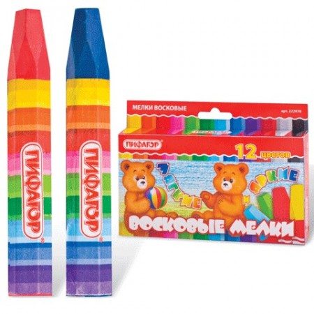 Восковые мелки утолщенные ПИФАГОР 12 цв., на масляной основе, яркие цвета, 222970