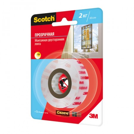 Монтажная прозрачная двухсторонняя лента 19 мм х 1,5 м, акриловая, 1 мм, подвес, SCOTCH, 4004-1915 /602857