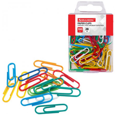 Скрепки 28 мм, цветные, 100 шт., в пластиковой коробке, 221111  BRAUBERG