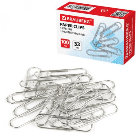 Скрепки 33 мм, никелированные, 100 шт., в картонной коробке, 270443 BRAUBERG,