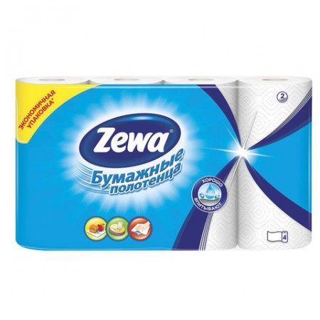 Полотенца бумажные бытовые, спайка 4 шт., 2-х слойные, (4х14 м), ZEWA, белые, 144099/126254/182105