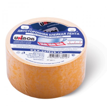 Клейкая лента двухсторонняя 50 мм х 10 м, ТКАНЕВАЯ ОСНОВА, подвес, UNIBOB, 28213  600854
