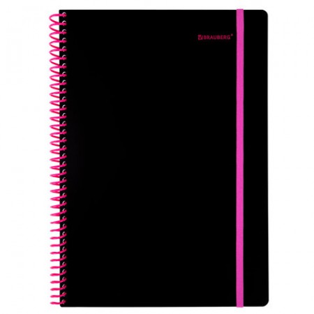 Тетрадь обложка пластик, А4 80 л., спираль пластик, резинка, клетка, BRAUBERG, черный/розовый, 405380