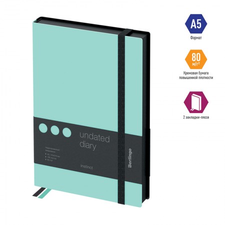Ежедневник недатир. А5, 136л., кожзам, Berlingo "Instinct", черный/мятный, с резинкой 299190 UD0_91502