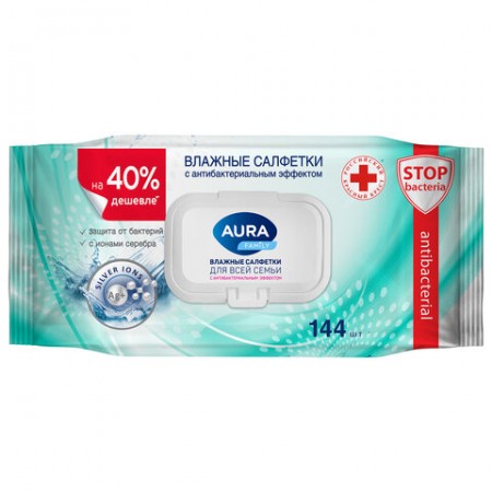 Салфетки влажные 144 шт., AURA Family, антибактериальные, для всей семьи, крышка клапан, 10393  117692 319478