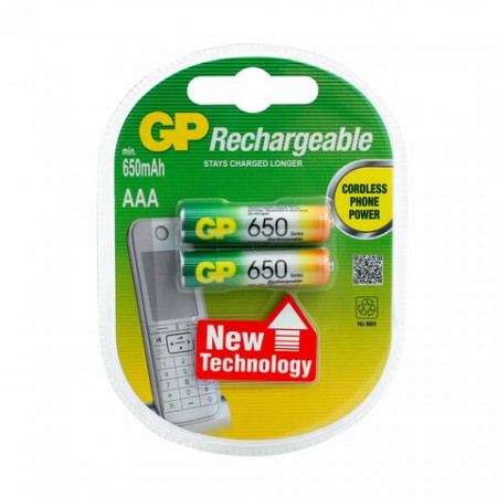 Батарейки аккумуляторные Ni-Mh мизинчиковые AAA (HR03) 650 mAh, GP, КОМПЛЕКТ 2 шт., 65AAAHC-2DECRC2, 65АAАНС-UC2  450621