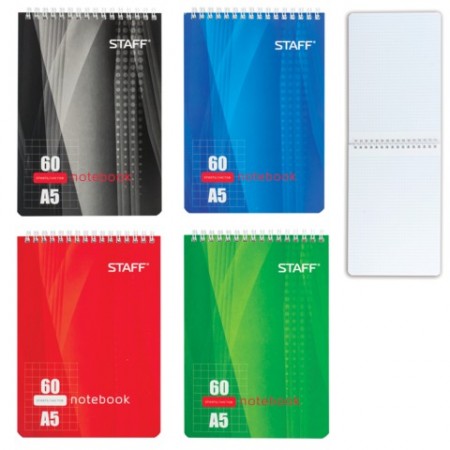 Блокнот А5 146х205 мм, 60 л., гребень, жесткая подложка, клетка, STAFF, 4 вида, 126539