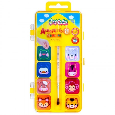 Акварель Каляка-Маляка 24 цвета, с кисточкой, пластиковая упаковка с европодвесом АККМФ24ЕКД/220069 (В)