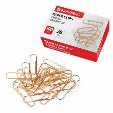Скрепки 28 мм, золотистые,  BRAUBERG, 100 шт., в картонной коробке, 221529