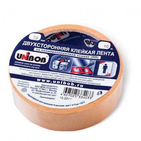 Клейкая лента двухсторонняя 25мм х 10м UNIBOB основа-полипропилен, упак. с европодвесом, 600852/38915/221250