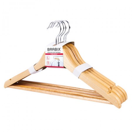 Вешалки-плечики, размер 48-50, КОМПЛЕКТ 5шт, деревянная, перекладина, цвет сосна, BRABIX &quot;Стандарт&quot;, 601159