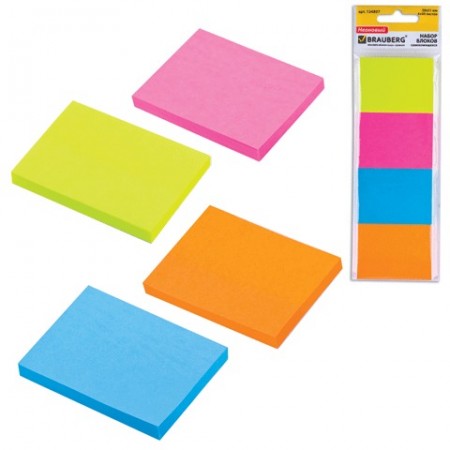 Блок самоклеящийся 38*51 мм, НАБОР 4шт., 50л., НЕОНОВЫЕ, ассорти, европодвес, 124807  BRAUBERG