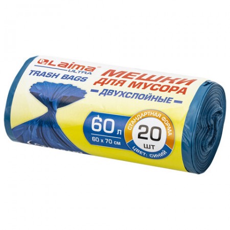 Мешки для мусора LAIMA &quot;ULTRA&quot; 60 л синие, в рулоне 20 шт. прочные, ПВД 21 мкм, 60х70 см, 607687