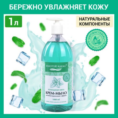 Мыло-крем жидкое с АНТИБАКТЕРИАЛЬНЫМ ЭФФЕКТОМ 1 л ЗОЛОТОЙ ИДЕАЛ &quot;Холодная мята&quot;, дозатор, 608285