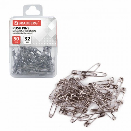 Булавки английские 32 мм, никелированные, 50 шт., в пластиковой коробке с европодвесом, 223970 BRAUBERG