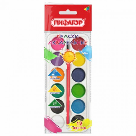 Краски акварельные ПИФАГОР "СОЛНЫШКО", 12 цветов, круглые кюветы, на коррексе, 192636