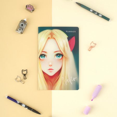 Планер недатированный, 32л., 135*210мм, на скобе MESHU &quot;Neko&quot;, матовая ламинация, голографическая фольга 357798 MS_53282