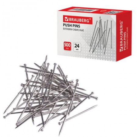 Булавки офисные 24 мм, 500 шт., в картонной коробке, 220562 BRAUBERG