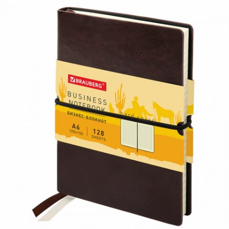 Блокнот МАЛЫЙ ФОРМАТ (100х150 мм) А6, BRAUBERG &quot;Western&quot;, 128 л., гладкий кожзам, резинка, клетка, коричневый, 125241