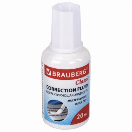 Корректирующая жидкость на спиртовой основе BRAUBERG &quot;Classic&quot;, 20 мл, флакон с кисточкой, с метал. шариком, 220255