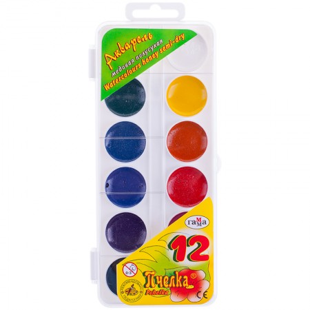 Акварель 12 цветов, &quot;Пчёлка&quot; медовая без кисти, пласт. упак., 001381/212040/190318/298636