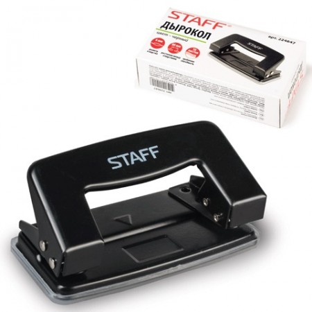 Дырокол 10 листов, металлический, без линейки, черный, STAFF,  224647