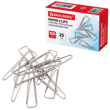 Скрепки 25 мм, никелированные, треугольные, 100 шт., в картонной коробке, 270440  BRAUBERG,