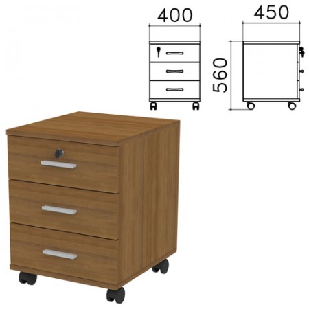 Тумба подкатная &quot;Канц&quot;, 400х450х560 мм, 3 ящика, замок, цвет орех пирамидальный, ТК29.9 /640059