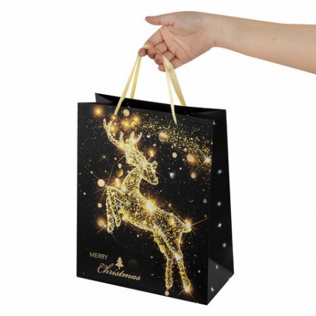 Пакет подарочный (1 штука) новогодний 26x13x32 см, ЗОЛОТАЯ СКАЗКА &quot;Midnight Deer&quot;, фольга, 608231