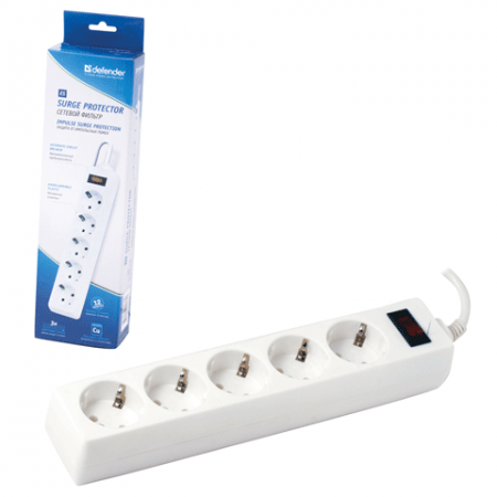 Сетевой фильтр, 5 розеток, 3,0 м, белый  DEFENDER (двойной стандарт-Россия/Европа) 105483/510157/99482