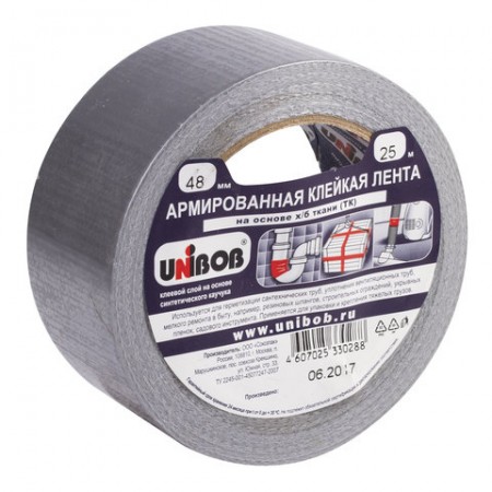 Клейкая лента армированная, 48 мм х 25 м, UNIBOB, основа-х/б ткань, прочная, европодвес, 600855
