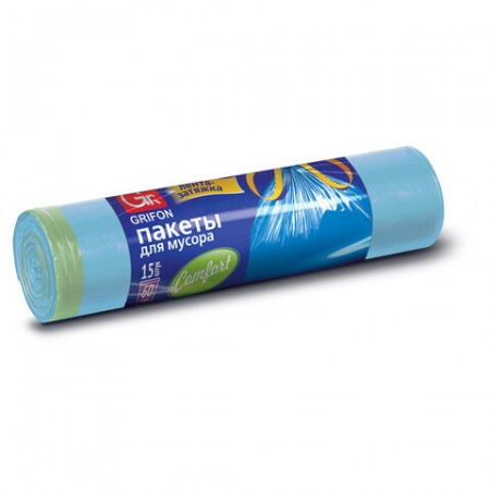 Мешки для мусора 60 л, синие, с завязками, в рулоне 15 шт., ПНД, 60х70 см, 14 мкм, GRIFON, 101-063  701375
