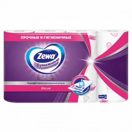 Полотенца бумажные впитывающие 2-х слойные, 4 рулона (4х14 м), ZEWA Premium Decor, 144124/113849