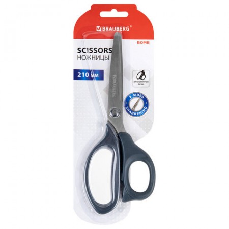 Ножницы BRAUBERG "BOMB", 210 мм, графитовый цвет, 2-сторонняя заточка, эргономичные, 238856