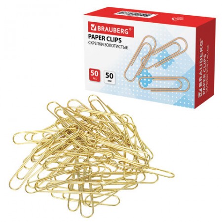 Скрепки большие 50 мм, золотистые, 50 шт., в картонной коробке, 270447 BRAUBERG