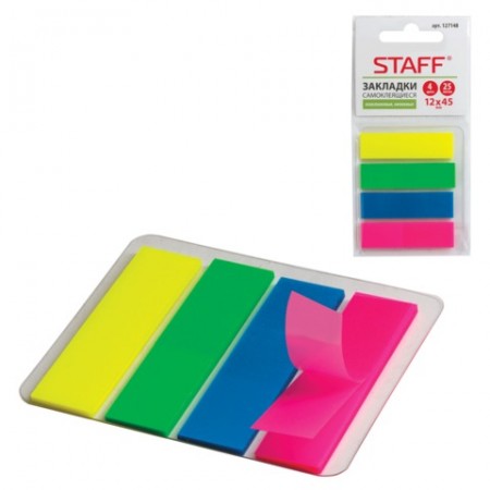 Закладки клейкие неоновые STAFF, 45х12 мм, 100 штук (4 цвета х 25 листов), европодвес, 127148